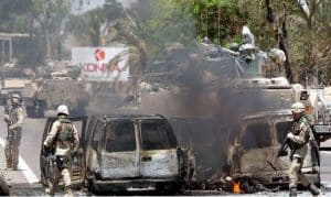 The scene of the massacre of 17 Iraqi civilians in Baghdad's Nasur Square by Blackwater mercenaries in 2007