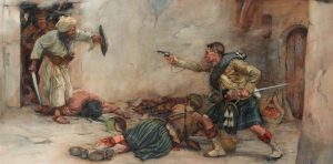 James Roddick, a drummer of the 92nd Gordon Highlanders, defending Lieutenant Menzies in hand-to-hand combat at Kandahar, 1880.